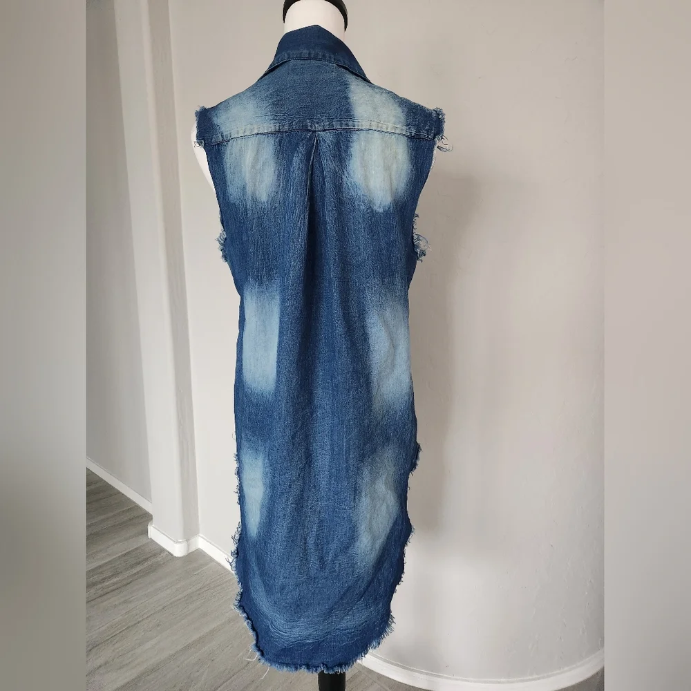 Thrill Jeans Sleeveless Denim Distressed Collared Top Shirt Blouse High Low Sz M - Picture 5 of 14